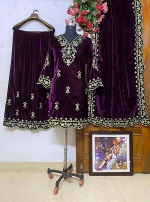 Glamorous Velvet  Embroidery Work Purple  Palazzo Suit