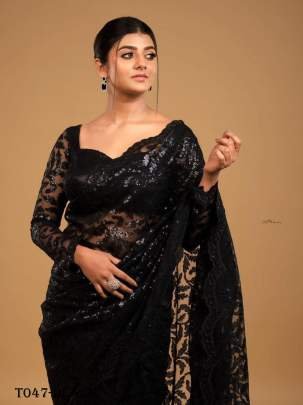 New Collection Sequins Embroidered Black Saree Set 