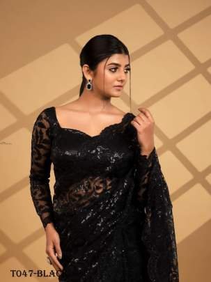 New Collection Sequins Embroidered Black Saree Set