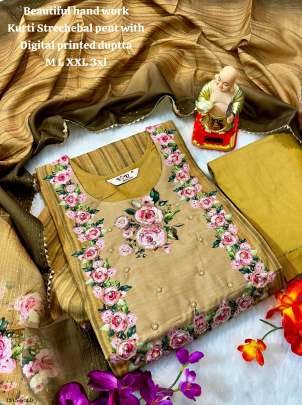 Gold Muslin Silk Hand Work Kurti Pant Set