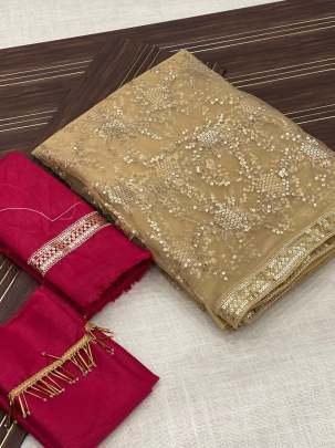 Golden Exclusive Bollywood Style Embroidery Pure Soft Net Saree
