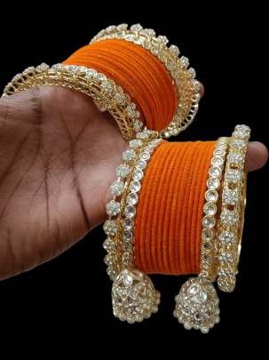 Golden Jhumki Bangle Set With Plain Velvet Orange Color