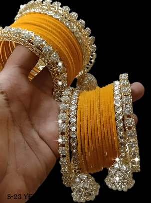 Golden Jhumki With Yellow Velvet Bangle Set