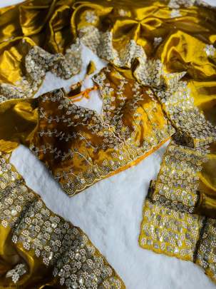 Golden Party Wear Embroidered Soft Zimmy Choo Silk Saree
