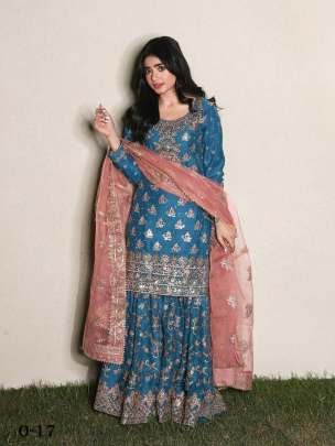 Good Quality Chinon Blue Sharara Suit With Georgette Dupatta