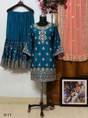 Good Quality Chinon Blue Sharara Suit With Georgette Dupatta