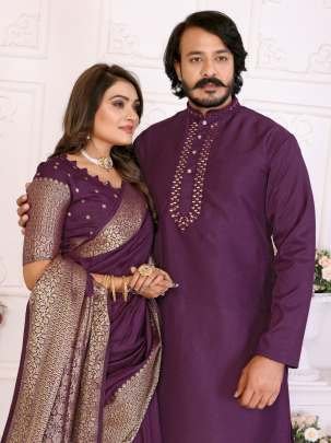 Good Quality Wine Dola Silk Saree With Kurta Pajama Set