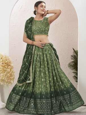 Gorgeous Green Mukaish Work Digital Printed Lehenga Choli