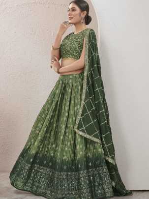 Gorgeous Green Mukaish Work Digital Printed Lehenga Choli