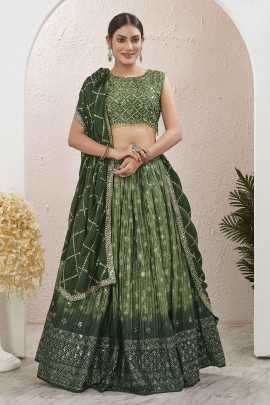 Gorgeous Green Mukaish Work Digital Printed Lehenga Choli