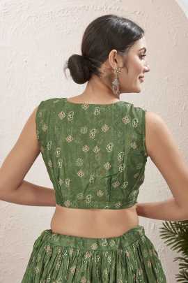 Gorgeous Green Mukaish Work Digital Printed Lehenga Choli