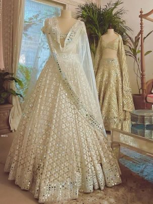 Gorgeous White Georgette Thread And Mirror Work Lehenga Choli