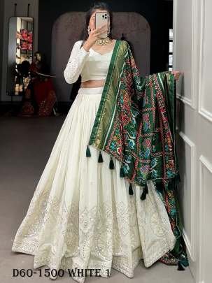 Gorgeous White Lucknowi Georgette Lehenga Choli with Patola Border Green Dupatta