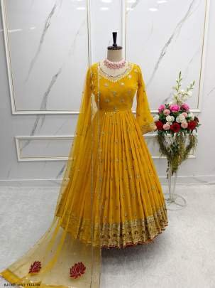 Gorgeous Yellow Color Georgette Sequence Work Gown Bottom Dupatta Set 