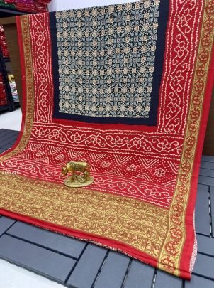 Graceful Red & Navy Blue Silk Saree With Traditional Ajrakh- Bandhani Design