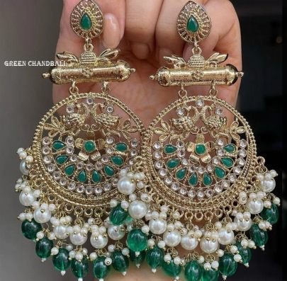 Green and Gold Kundan With Pearls Peacock Ethnic Large Shehnaz Chandbali Earrings