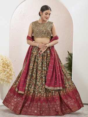 Green and Red Printed  Mukaish Work Lehenga Choli