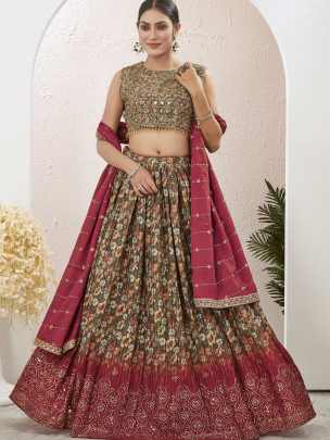 Green and Red Printed  Mukaish Work Lehenga Choli