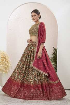 Green and Red Printed  Mukaish Work Lehenga Choli