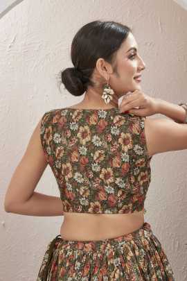 Green and Red Printed  Mukaish Work Lehenga Choli