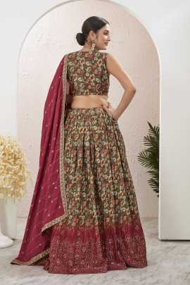 Green and Red Printed  Mukaish Work Lehenga Choli