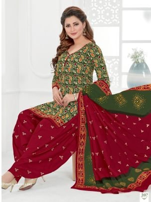 Green And Red Pure Cotton Readymade Printed Patiala Suits