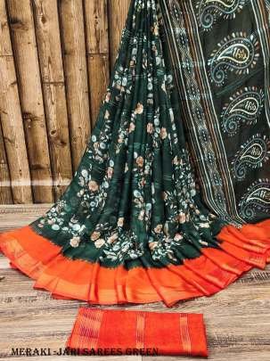 Green  Color Beautiful Chiffon Jari Sarees with Flower Print