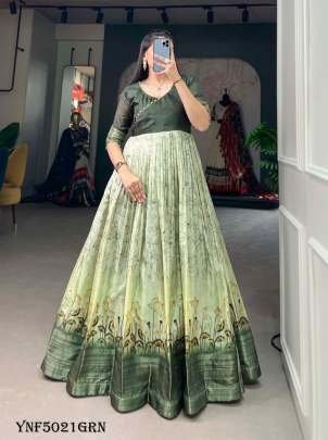  Green Color Printed With Weaving Border Tussar Silk Dress