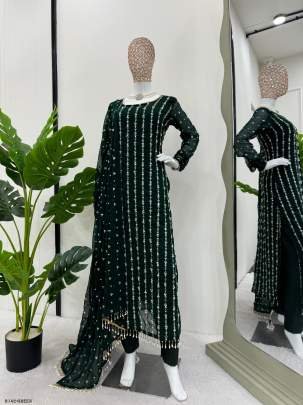 Green Designer Foux Georgette Suits With Rivet Moti Work or Thread Work