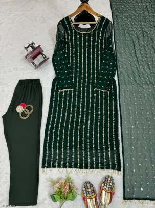 Green Designer Foux Georgette Suits With Rivet Moti Work or Thread Work