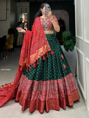 Green Dola Silk Bandhani And Ajrakh Print With Foil Work Lehenga 