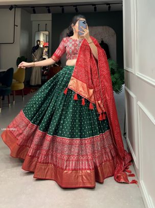 Green Dola Silk Bandhani And Ajrakh Print With Foil Work Lehenga