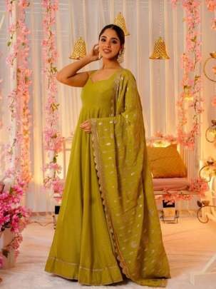 Green Elegance Chinnon Silk Anarkali Gown