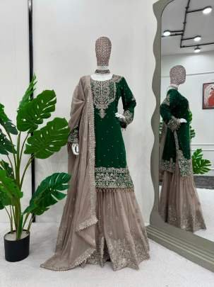 Green Exclusive Heavy Work Faux Georgette Pakistani Sharara Suits