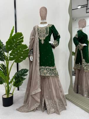 Green Exclusive Heavy Work Faux Georgette Pakistani Sharara Suits