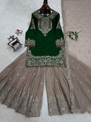 Green Exclusive Heavy Work Faux Georgette Pakistani Sharara Suits