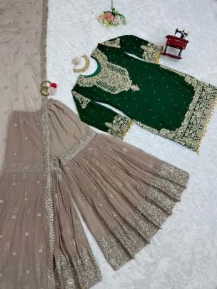 Green Exclusive Heavy Work Faux Georgette Pakistani Sharara Suits