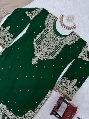 Green Exclusive Heavy Work Faux Georgette Pakistani Sharara Suits