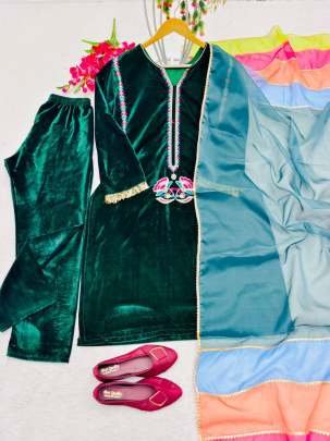 Green Exclusive Neck Embroidery Work Velvet Suits