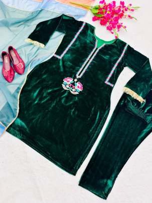 Green Exclusive Neck Embroidery Work Velvet Suits