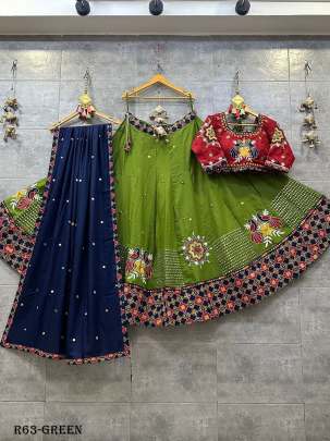 Green Gamthi Work Pure Cotton Chaniya Choli With Red Blouse