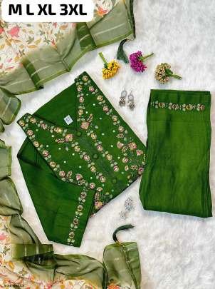 Green Muslin Hand Work Kurti Pant Dupatta Set