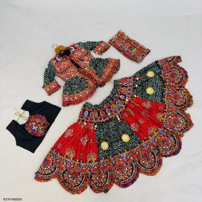 Green Navratri Traditional 4PC Kids Lehenga Set With Kedia And Cap