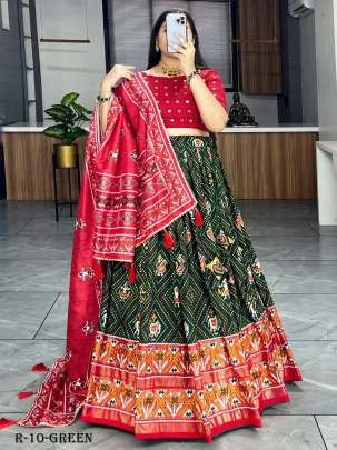 Green Patola And Bandhani Print Tussar Silk Lehenga Choli With Red Blouse