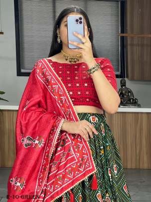 Green Patola And Bandhani Print Tussar Silk Lehenga Choli With Red Blouse