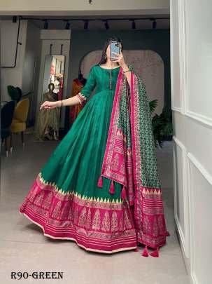 Green Readymade Foil Printed Tussar Silk Gown With Dupatta