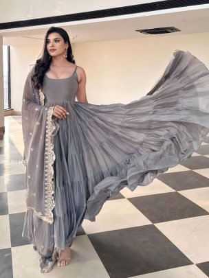 Grey Anarkali Faux Georgette Fully Ruffle Flair Gown 