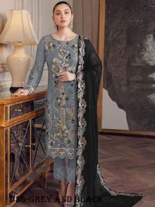 Grey and Black Color Embroidered Fox Georgette Suit Set