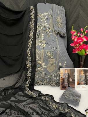 Grey and Black Color Embroidered Fox Georgette Suit Set