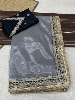 Grey Attractive And Beautiful Soft Zari Tissue Saree With Cording Work
